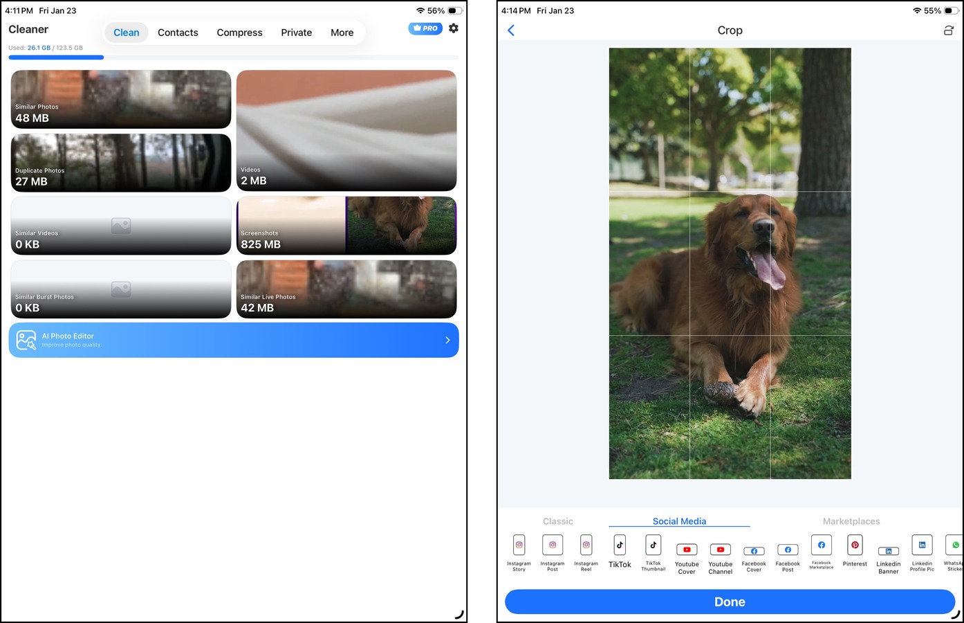 Clutter menu and photo editor in Clean Storage for iPad