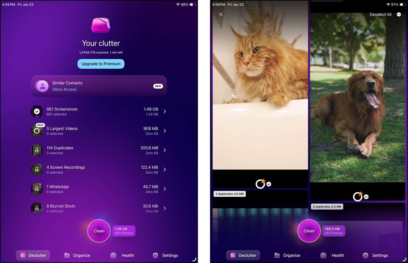 Clutter menu and duplicate deleter in CleanMyPhone for iPad