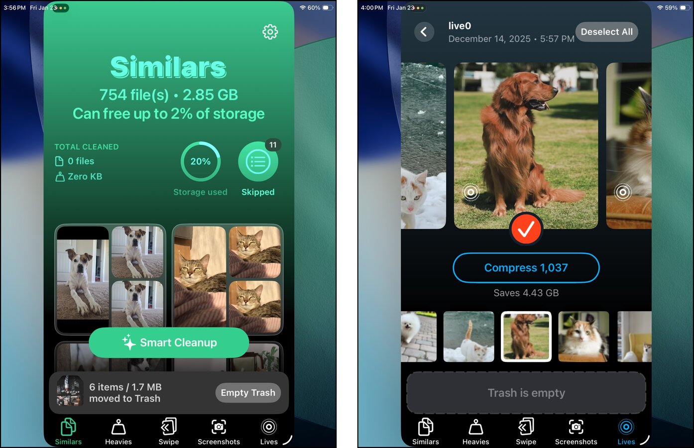 Similars tool and Live Photo converter in Clever Cleaner for iPad