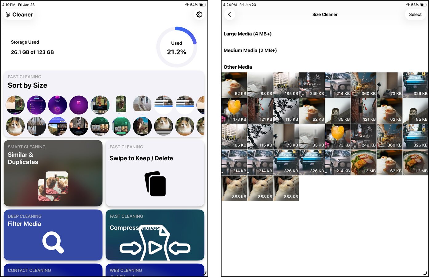 Main menu and size cleaner in the Phone Cleaner for iPhone, iPad app