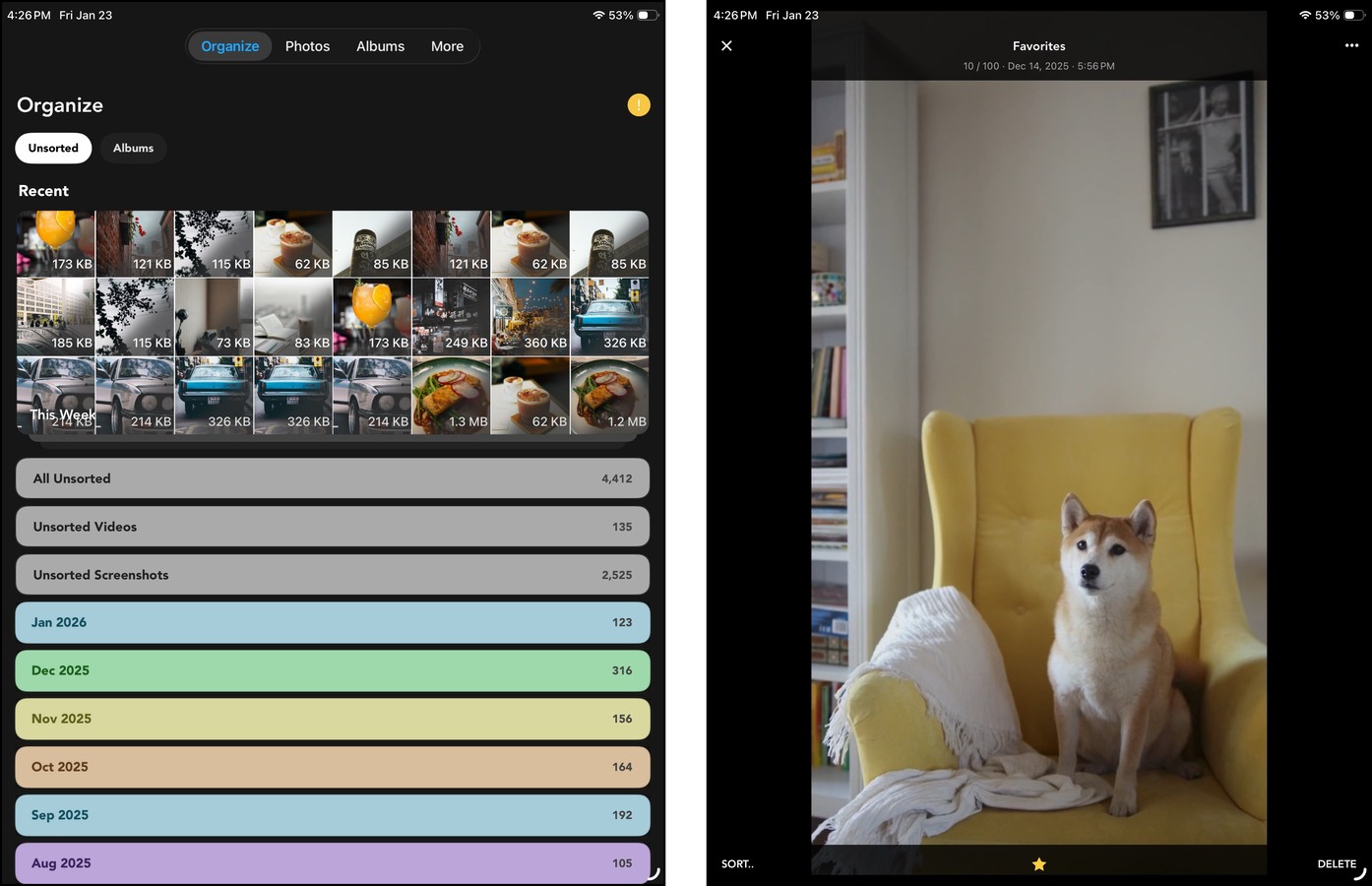 Library menu and swipe mode in the Slidebox Photo Cleaner for iPad app